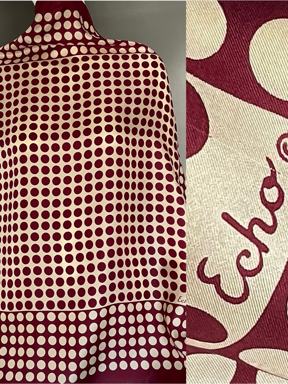 Vintage Op Art Echo Silk Scarf Wine Cream Large 30 In Excellent Condition